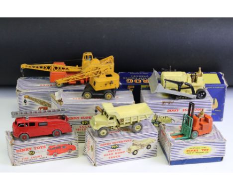 Six boxed Dinky Supertoys diecast models to include 972 20-Ton Lorry-Mounted Crane "Coles", 955 Fire Engine, 401 Coventry Cli