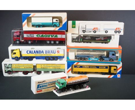 Seven boxed / cased diecast model trucks to include Tekno, KamA3 5313, 2 x Lion Toys DAF Trucks and BP, plus two further diec