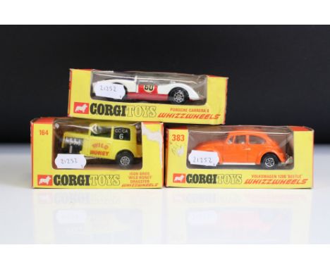 Three boxed Corgi Whizzwheels diecast models to include 383 Volkswagen 1200 Beetle in orange, 371 Porsche Carrera 6 in red &a