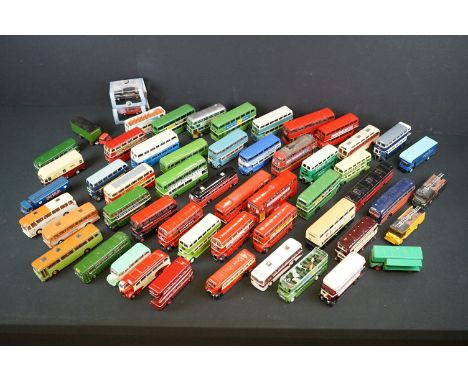 Around 50 diecast models, mostly buses, to include Corgi Original Omnibus, EFE, Dinky (completely repainted), Oxford and Base