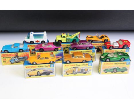 Ten boxed Matchbox Superfast diecast models to include 45 Mercedes 300 SE., 45 Ford Group 6, 56 BMC 1800 Pininfarina, 19 Road