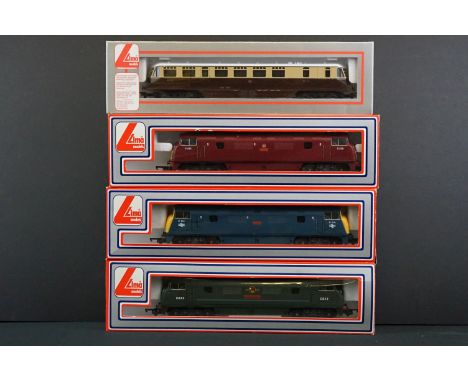 Four boxed Lima OO gauge locomotives to include 205128MWG Rapid, 205127MWG Dragon, 205132A2 Rail Car GWR and 205135MWG Sharps