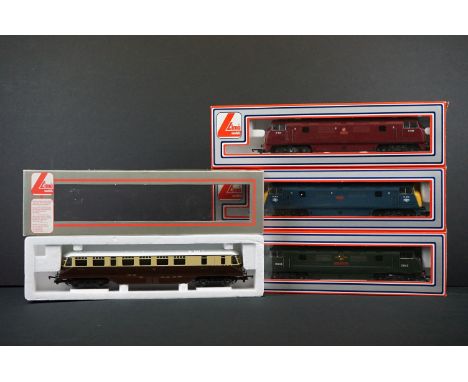 Four boxed Lima OO gauge locomotives to include 205128MWG Rapid, 205127MWG Dragon, 205132A2 Rail Car GWR and 205135MWG Sharps