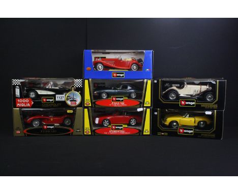 Seven Boxed Burago 1/18 scale diecast models to include 30018 Jaguar E Coupe (1961), 3009 Mercedes Benz SSK (1928), 3031 Pors