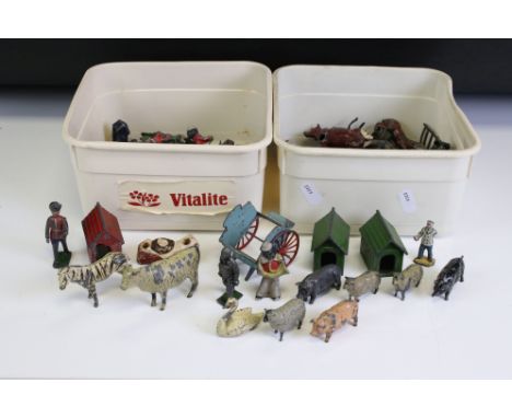 Around 90 Mid 20th C play worn metal figures to include Britains and Johillco, featuring Snow White dwarves, Cadbury Cococubs