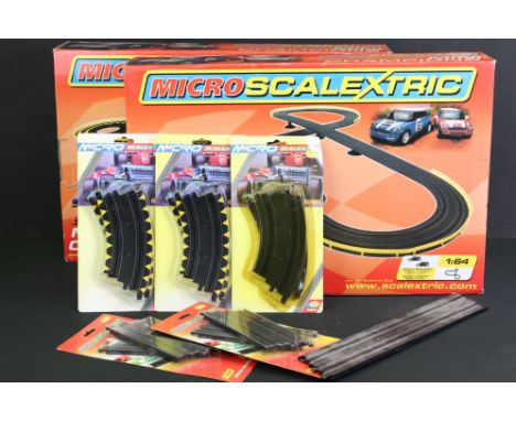 Two Boxed Micro Scalextric 1:64 Mini Champions 'BMW Mini Cooper Blue V BMW Mini Cooper Red' sets, plus 5 x carded Micro Scale