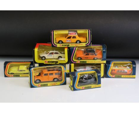 Nine boxed Corgi diecast models to include 421 Land Rover 109WB, 411 Mercedes Benz 240D Taxi, 327 Chevrolet Caprice Taxi, 701