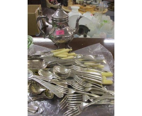 A silver plated teapot and mixed silver plated cutlery and flatware 