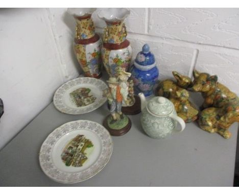 Ceramics and other items to include a pair of Chinese vases, two figurines, model animals, a teapot and two plates 