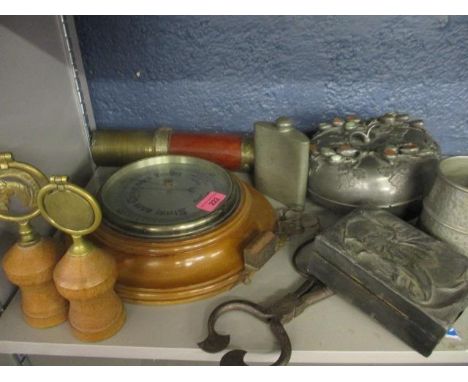 A wall barometer, a vintage telescope, mixed treen and metalware 
