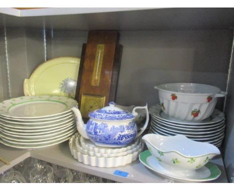 A mixed lot to include a blue and white Spode teapot, a barometer, a painted tray and mixed china 