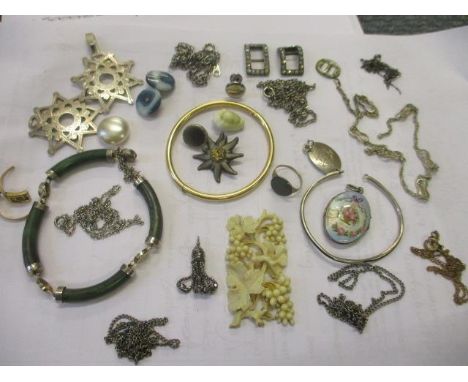 Silver jewellery, a yellow metal bangle A/F, an enamelled and silver locket, an oriental jade and silver bracelet, mixed chai