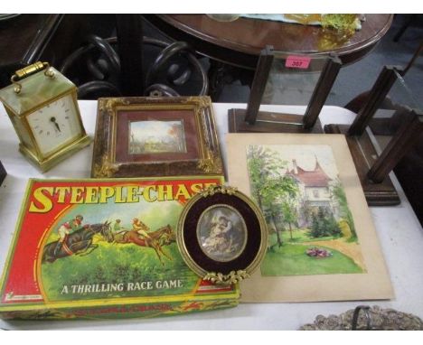 A mixed lot to include a gilt framed and glazed miniature depicting a couple, a framed watercolour, an unframed watercolour o