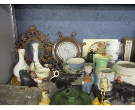 Vintage kitchen and household items to include a barometer in the form of a ships wheel, ebony elephant models and glass salt