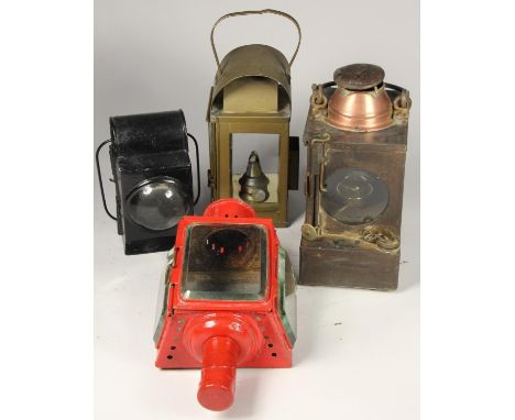 A S.R copper-collared signal lamp complete with burner, together with a small unmarked hand lantern complete with burner, and
