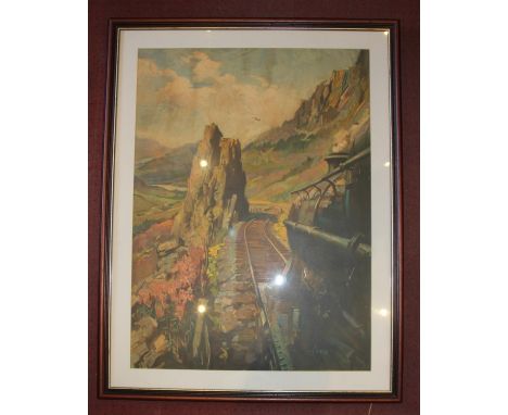 A framed print of BR Class 5 Loco in Glen Ogle, Scotland- cut down from an original double-royal poster by Cuneo. 94x73 cm 