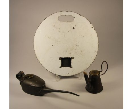 A LNER  long-spouted oil can, small flare-lamp stamped G.THAIN and a white head code disc- as used by LOCOS on Southern Railw
