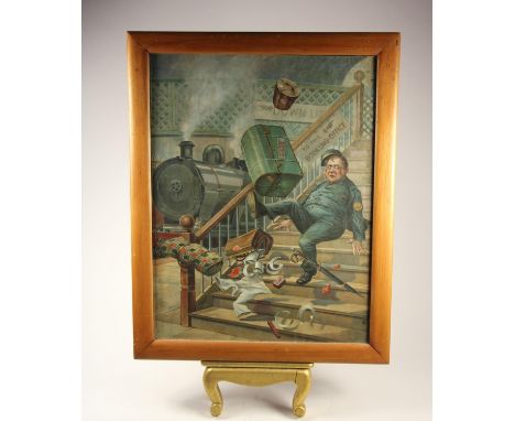 A framed humorous print of station scene with LNWR style Loco in background. 51x41 cm 