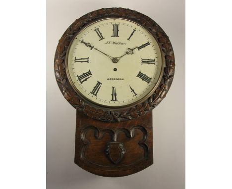 A Victorian Scottish oak cased drop dial chain fusee wall clock, signed J.T. Mackay, Aberdeen, the 12" enamel dial with Roman