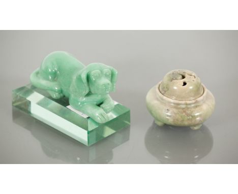 CHINESE CENSER AND A HARDSTONE DOG ON STAND the censer likely jade, 6.5cm high, the dog 11.5cm long  