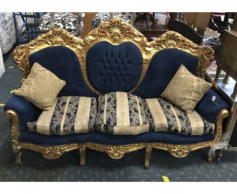 LARGE BLUE VELVET &amp; GILT BUTTON BACK SOFA