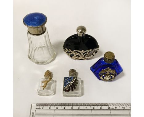 HM SILVER PERFUME BOTTLE WITH ENAMEL TOP &amp; 4 OTHERS