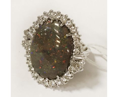 18CT WHITE GOLD DIAMOND LARGE OPAL RING - SIZE N