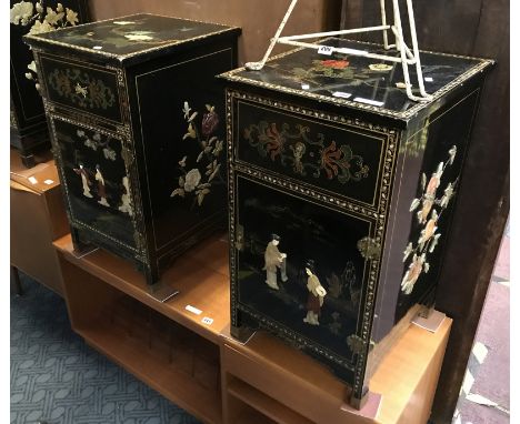 PAIR OF CHINESE SIDE CABINETS WITH JADE &amp; BONE - A/F