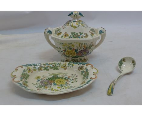 A masons ceramic tureen and cover with matching plate and spoon.