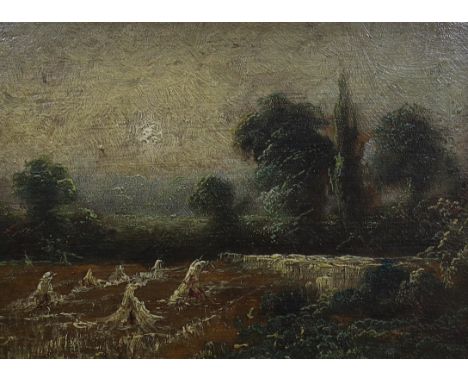 19th century English School, oil on panel, Cornfield at sunset, 15 x 20cm