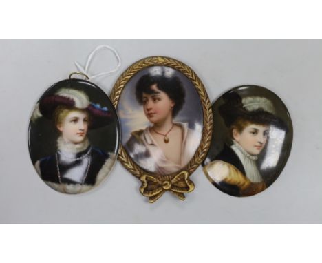Three Continental oval porcelain portrait plaques, late 19th century, one framed, 8,5cms high