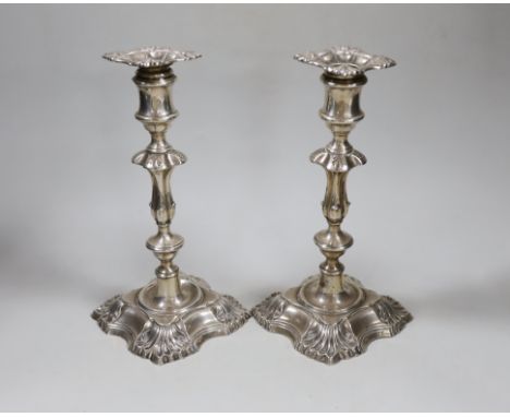 A pair of George V silver mounted candlesticks, with waisted knopped stems, William Hutton &amp; Sons, London, 1910, height 2