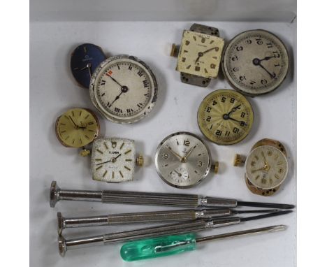 Nine assorted mainly lady's watch movements, including Rolex, Tudor and Omega and four watch tools.