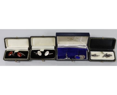 Four pairs of modern cufflinks including 925 and blue guilloche enamel and 925 and carnelian and two other white metal, set w