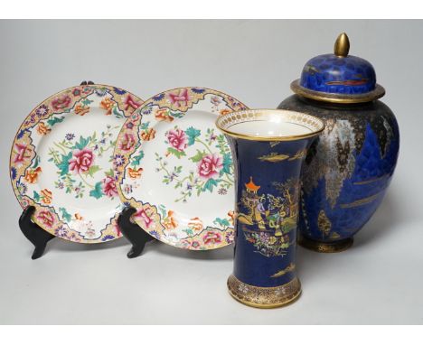 Two Carltonware vases and a pair of 19th century Spode plates, tallest 28cm