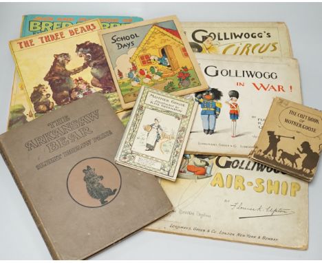 Mixed children's books, a pack of old postcards and three golly books by Francis UptonThese items are listed on the basis the