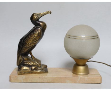 M. Frecourt: A French Art Deco spelter figural bird table lamp, 25cm wide, 19.5cm high