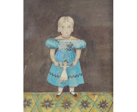 Victorian School, watercolour, Portrait of a girl holding a doll, 12 x 9.75cm