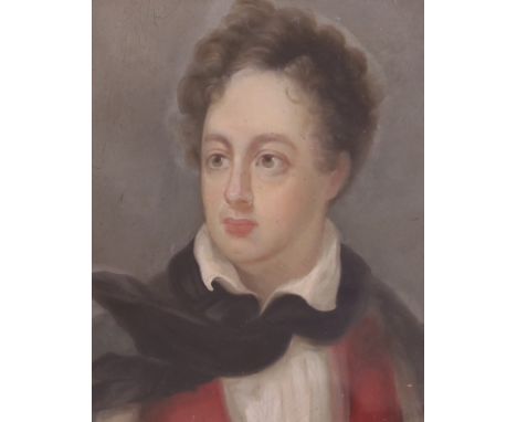 Mid 19th century English School, oil on board, Portrait of Lord Byron, 23 x 19cm