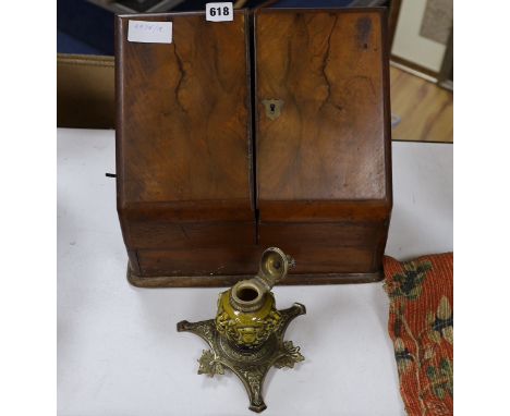 A Victorian walnut stationery box and brass inkwell, box 33cm wide, 30cm high