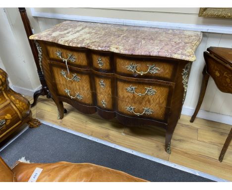 A Louis XVI style kingwood marble topped commode, width 118cm, depth 52cm, height 86cm
