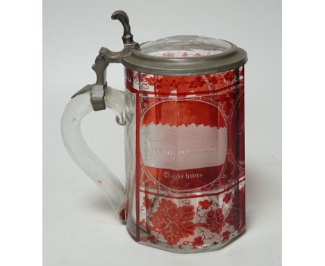 A 19th century Bohemian etched ruby glass pewter mounted tankard