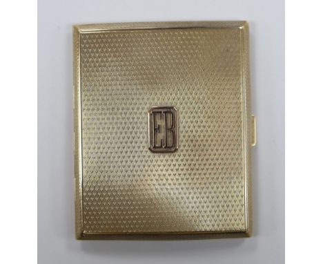 A George V engine turned 9ct gold rectangular cigarette case, London, 1928, 86mm, gross weight 86.2 grams.