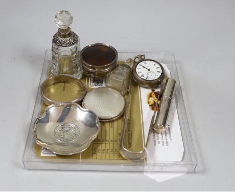 Sundry silver including a George V tortoiseshell mounted trinket box, diameter 6cm, two mounted glass scent bottles, modern a