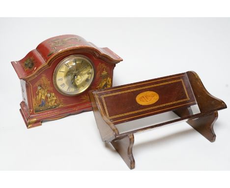 A French chinoiserie mantel clock by Mappin, and an Edwardian inlaid book trough, 25cm