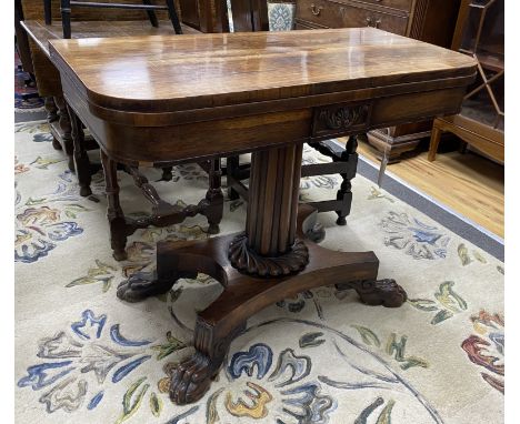 A William IV rosewood folding card table, width 92cm, depth 45cm, height 73cm