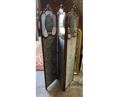 An Edwardian inlaid glazed mahogany three fold dressing screen, each panel width 45cm, height 186cm