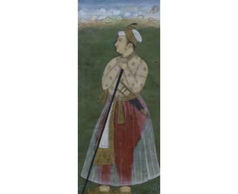 Indian School, gouache and watercolour heightened with gilt, Full length portrait of a dignitary standing holding a staff, Mu