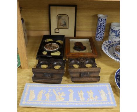 A group of Object d'Art to include Grand tour souvenir plaster roundels, a wax profile portrait, pair of carved oak cornice s