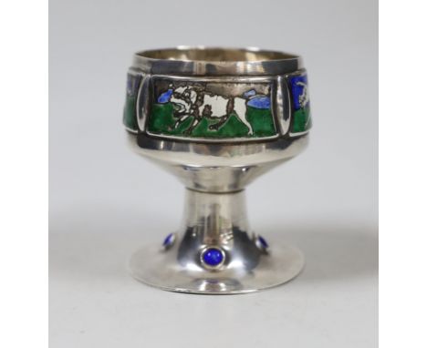 An Edwardian Arts and Crafts silver and enamel chalice, overstamped maker's mark, London, 1902, height 9.3cm, decorated with 